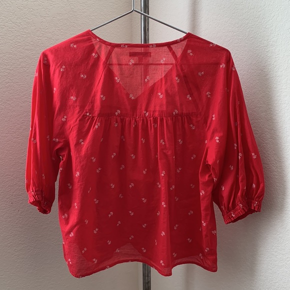 Madewell peasant top Sz S EUC red white floral print Prairiecore Cabincore - Picture 4 of 6